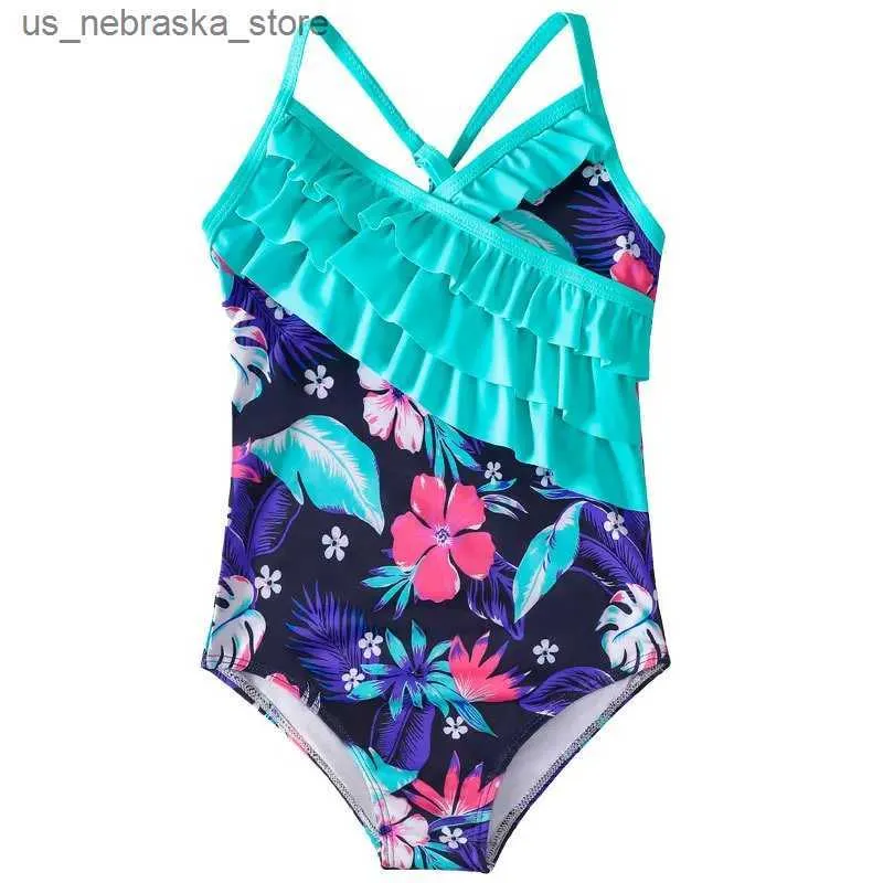 Endelar barns baddräkt Baby Flower Print Tassel Blue Swimsuit Barnen och nyfödda i ett stycke veckat Rush Protective Suit 4-12Y Q240418