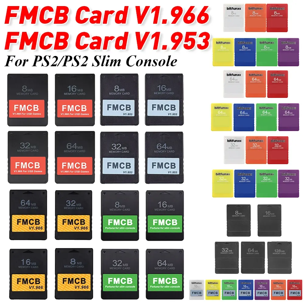 Kort FMCB -kort v1.966 v1.953 Minnekort för PS2 8MB/16MB/32MB/64MB/128MB Gratis McBoot -kortspeladapter för PS2 Slim Game Console