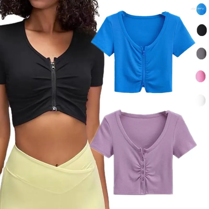 Women's T Shirts American-Style Retro Chest Ruched Single-Breasted Short Sleeved T-shirt Slim Fit Versatile V Neck High Waist Crop Top