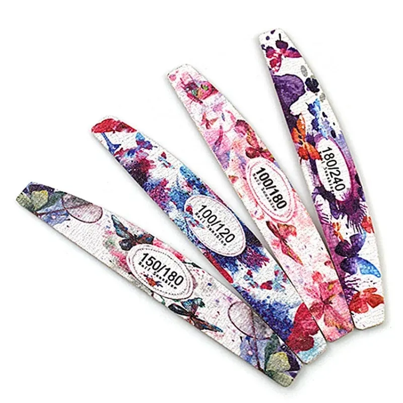 Wood Sandpaper Nail File Wooden Buffer Strong Thick Boat/Straight Flower Printed Manicure Nail Files