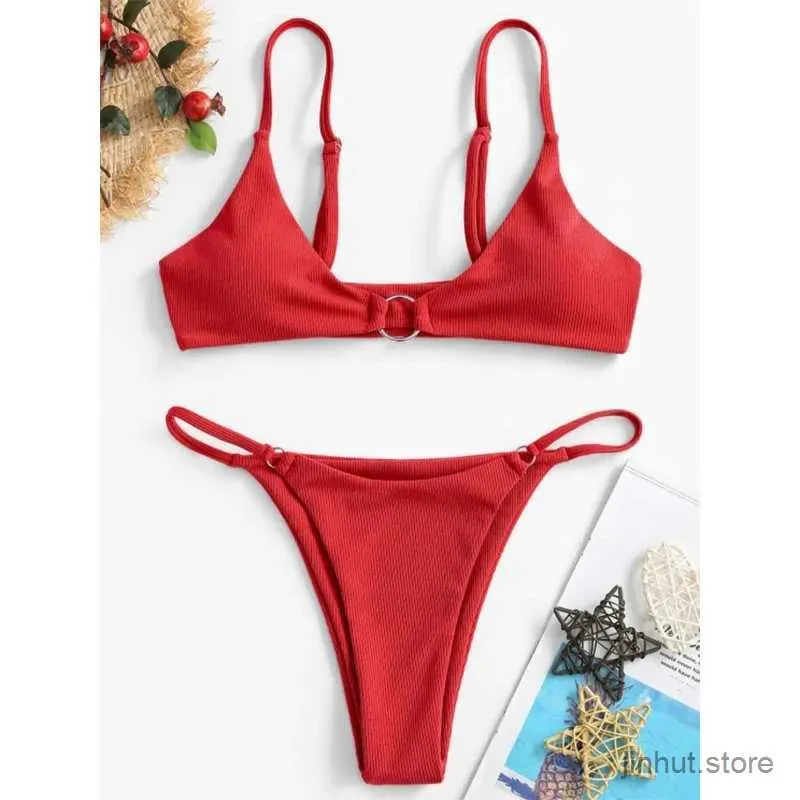 Women's Swimwear Summer Ladies Split Swimwear Set Adults Women Simple Style Solid Color Ring Decoration Bikini Sexy Backless Swimsuit