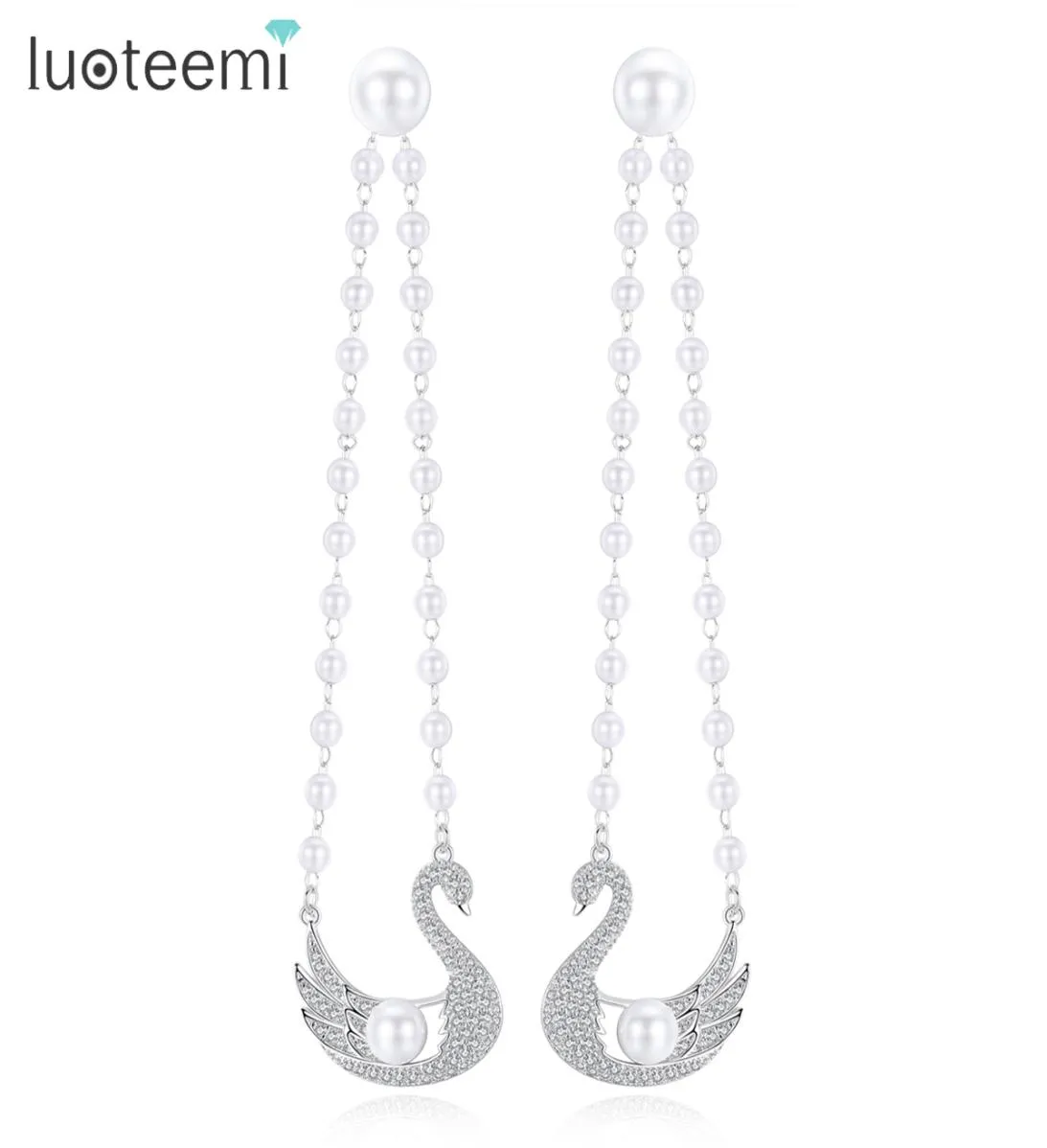 Luteemi Boucles d'oreilles à double cygne à double utilisation avec pierre CZ et imitation Perle Drop Boucle d'oreille pour femmes Gift 1637287