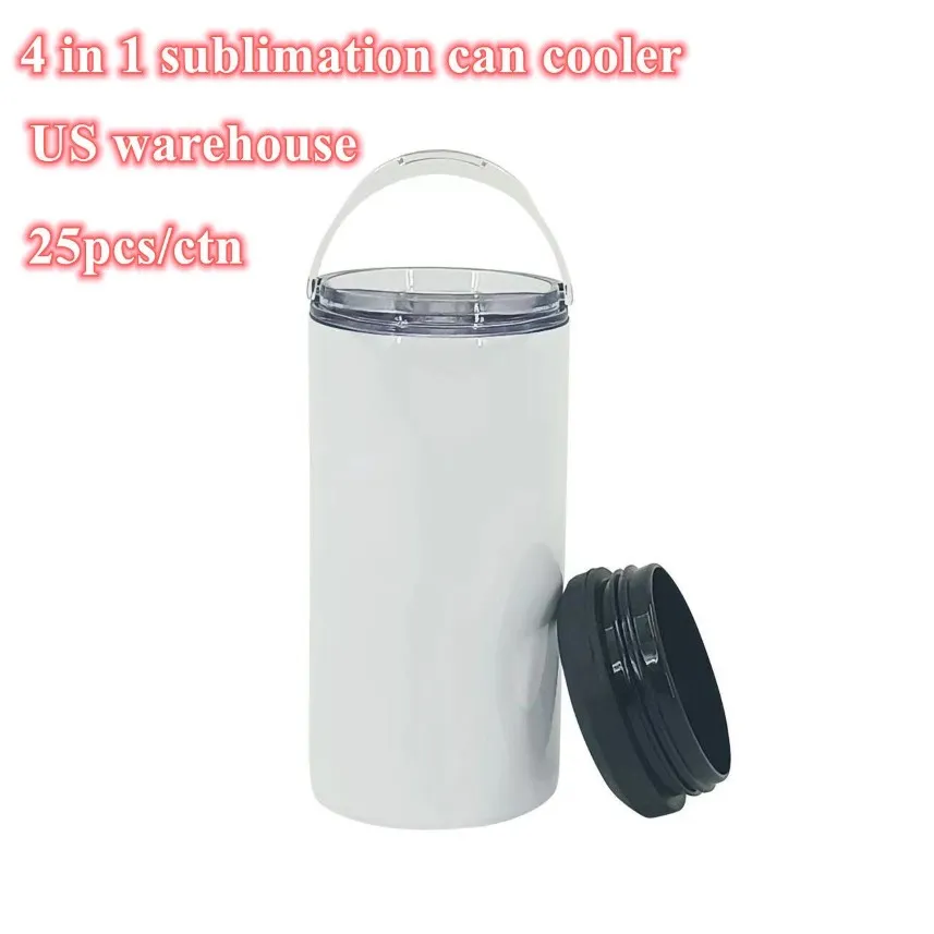 US warehouse 16oz sublimation straight tumblers heat press 4 in 1 can cooler with handle lid and normal lid305g