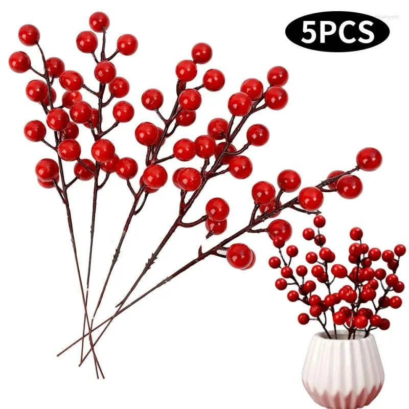 Decorative Flowers 5pcs Artificial Red Berry Cherry Bouquet Fake Plant Vase Christmas Tree Decoration Diy Wreath Home Table