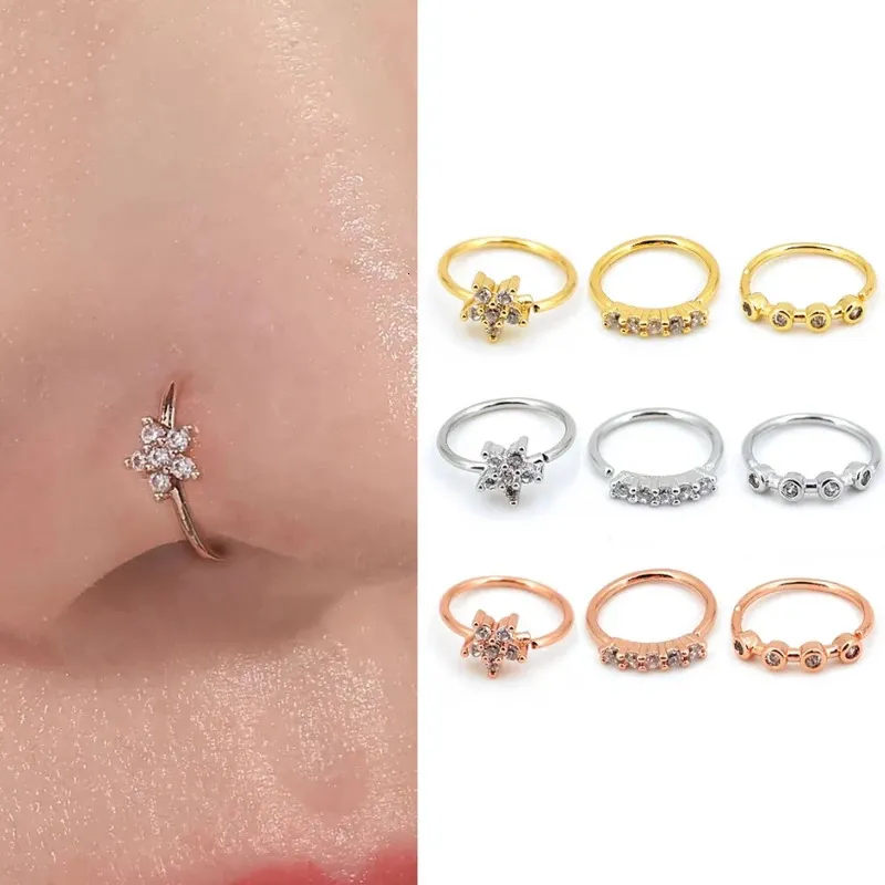 1Piece 20gx8mm Zircon Nose Rings Nostril Bendable Flower Hoop Ring Tragus Ear Cartilage Earring for Women Piercing Jewelry 240407