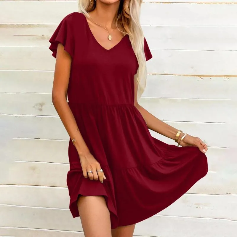 Casual Dresses Loose Women's Plain Summer Dress V Neck Ruffle Kne Längd Kort ärm Fancy Shirts For Women