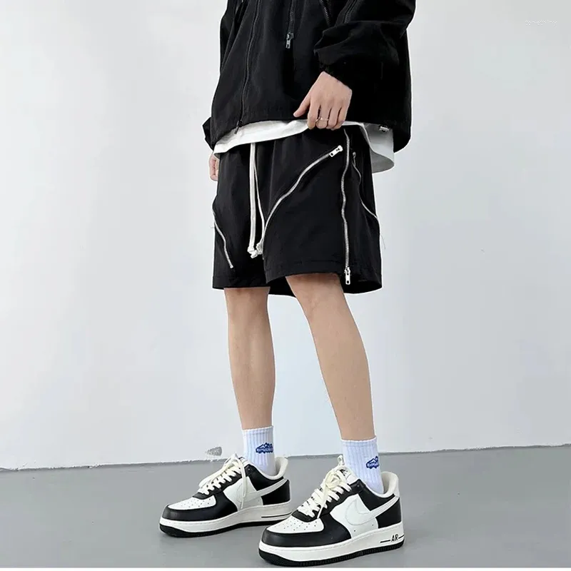 Mäns shorts man 2024 solid fashionabla byxa hög gata stil multi-zipper last byxor män kläder hip hop dragstring baggy