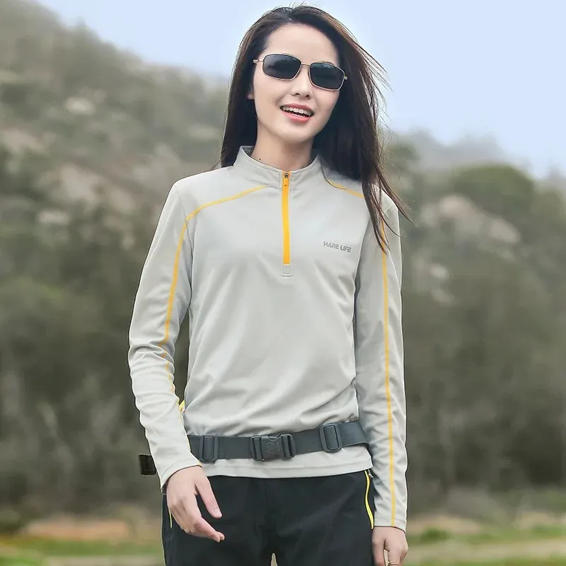 Outdoor Sports Hiking Stand-up Collar T-shirt Ladies Thin Quick-drying Large Size Loose Sunscreen Long-sleeved Quick-drying Top