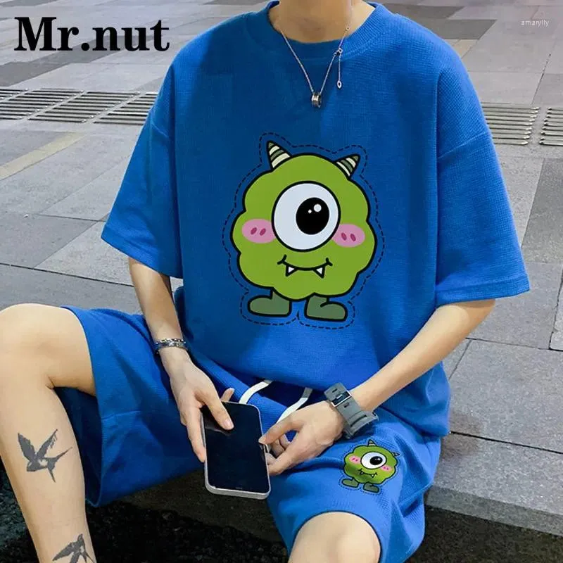 Męskie dresy Mr.Nut Cartoon Pattern Loose Men T Shirt Dwuczęściowy zestaw modny kawaii garnitur ku garnitur swobodne ubrania młodzieżowe odzież sportowa