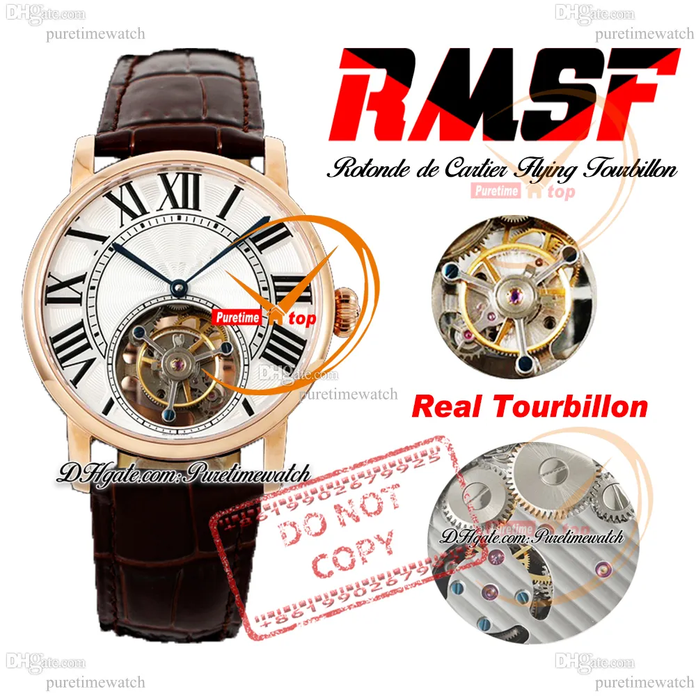 Rotonde W1556215 Vliegende Tourbillon Mechanical Hand Winding Mens Watch RMSF Rose Gold Silver Roman Dial Brown Leather Super Edition Reloj Hombre Puretime Ptcar B2