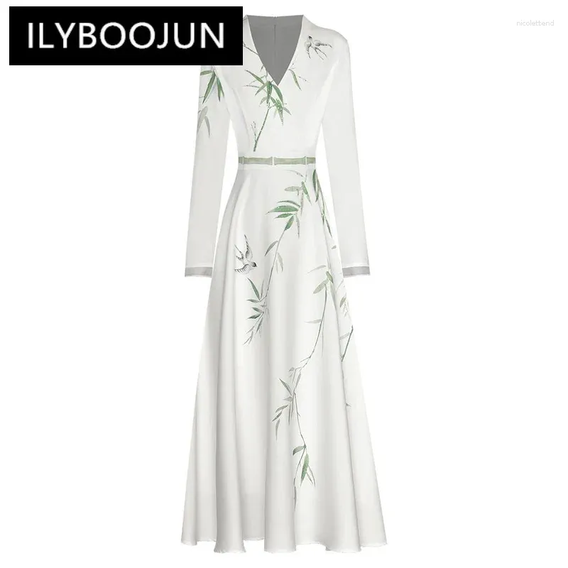 Casual Dresses Ilyboojun Fashion Designer Spring Summer Women Dress V-ringen långärmad bambu tryck Kristall kinesisk stil