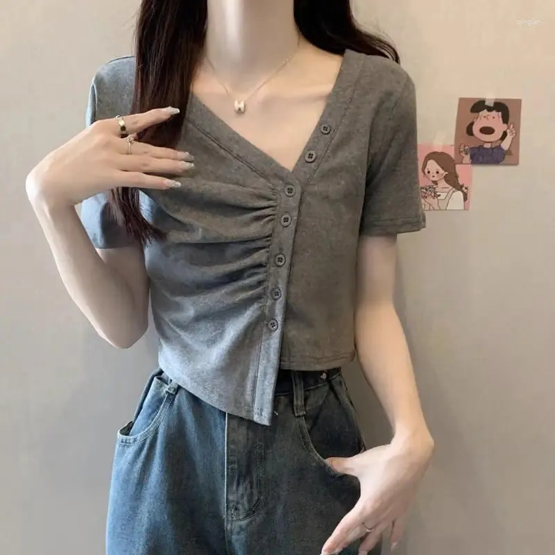 Women's T Shirts Skew Collar Shirt Women Y2k Korean Folds Crop Top Slim Short Sleeve Tees Female Button Summer Tshirts Femme Clothes 2024