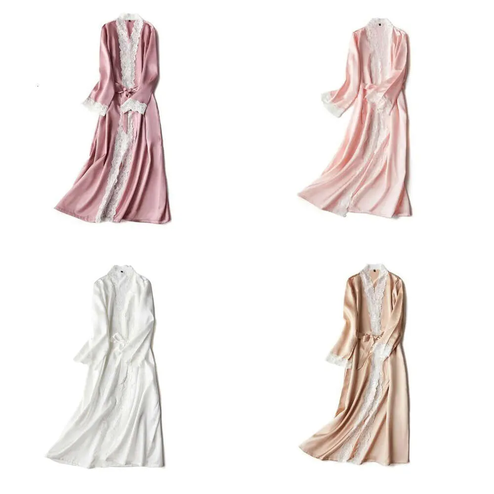 Lace Silk Long Robe Summer Nightgowns Women's Fime's Minking Bathrobe Sexy Dames Silky Bathrobe Femmes Indoor Nighty 210203 Y