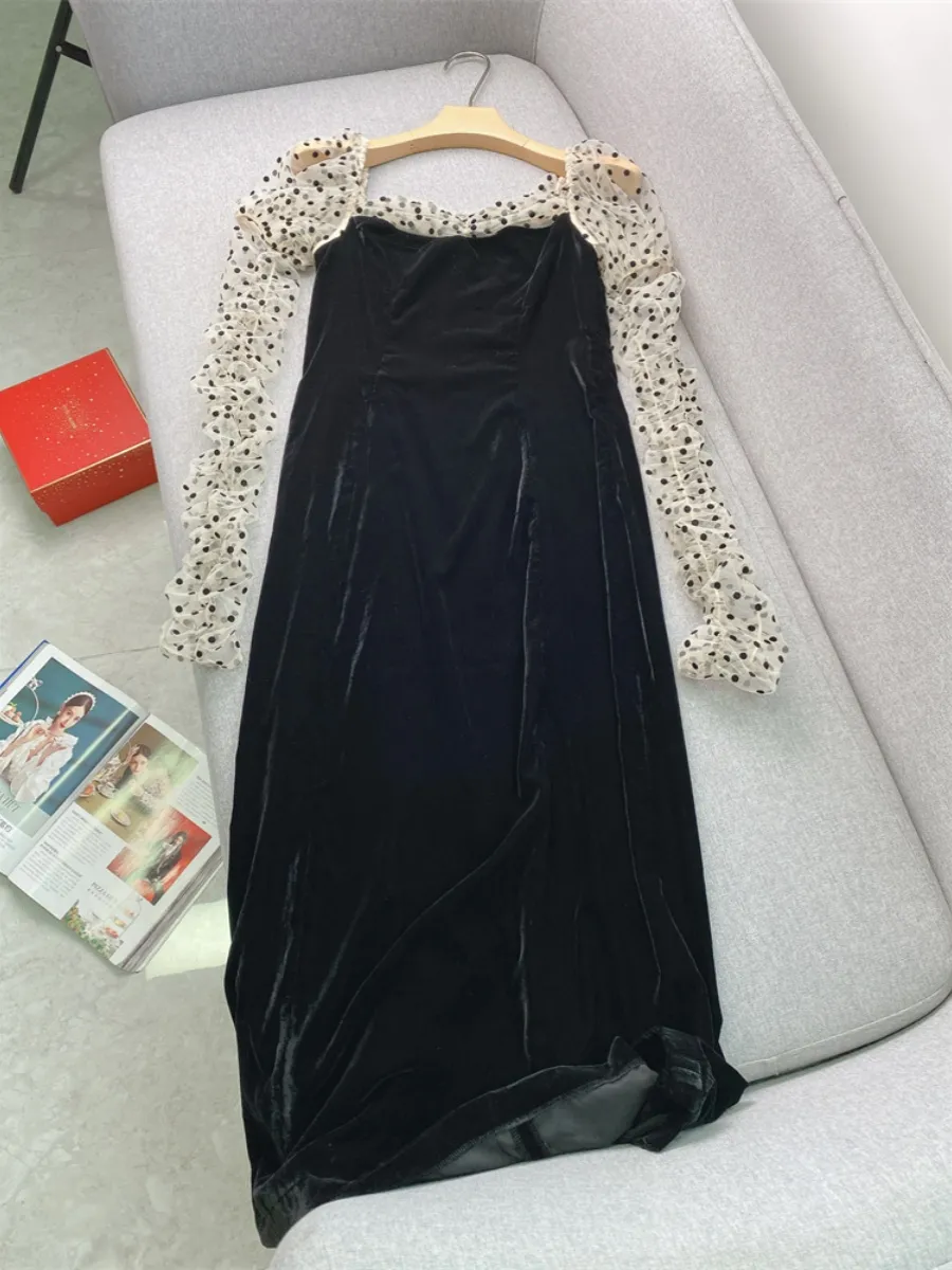 Summer Black Polka Dot Panelled Velour Mesh Midi Dress with Scoop Neck and  Long Puff Sleeves from Dhgate Basic & Casual Dresses - price 56.29