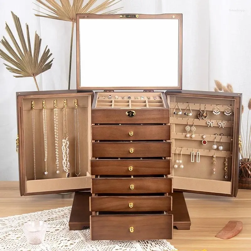 Schmuckbeutel Holz Retro Style Box Großes Display Aufbewahrungskosmetik Mehrschichtiger Schubladen Organizer für Verpackungsbedarf