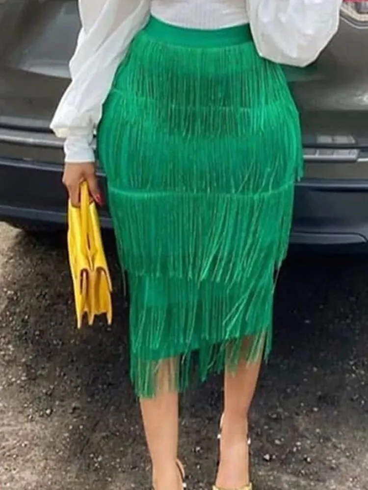 Green Fringe Bodycon Pencil Skirts Tassel High Waist Women Stretch Sheath Midi Length Ladies Slim Jupe Saias faldas Big Size 240412