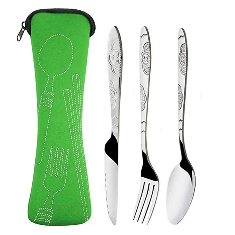 3PCS / Set Set en acier inoxydable Dîner Set Portable Travel Camping Cutlery Table Varelle Dingel Varelle Kit de camion avec sac en tissu