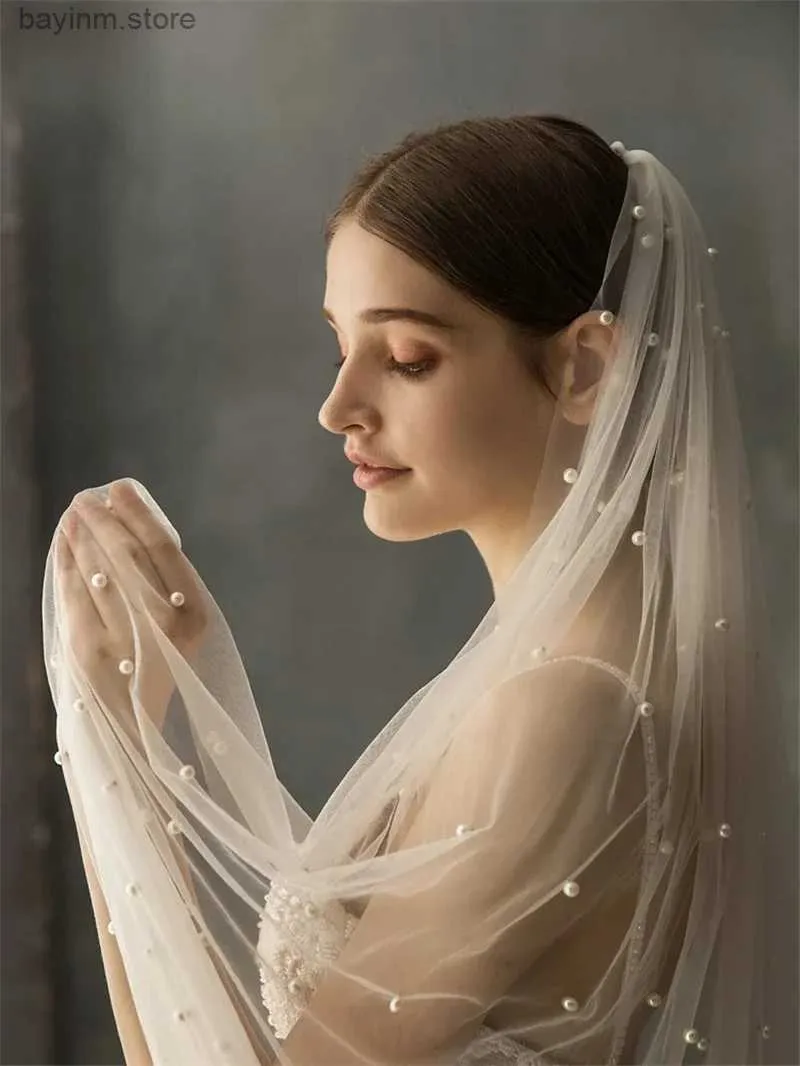 Wedding Hair Jewelry 75-500cm White/Ivory Bridal Veil With Comb One Layer Cathedral Veil With Pearls Soft Tulle Velos de Noiva Wedding Beaded Veil