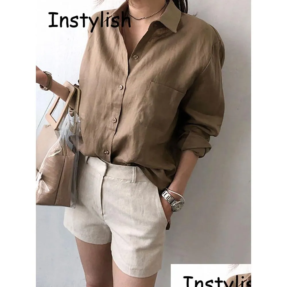 Women'S Blouses & Shirts Womens Leisure Long Sleeve Cotton Linen Loose Shirt Women Spring Summer Vintage Harjauku Streetwear Oversize Dhgoi