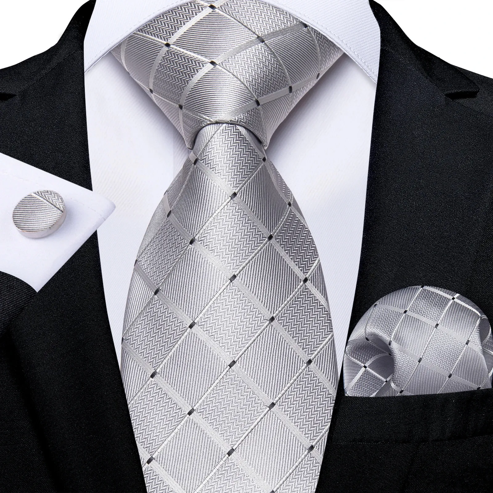 Sliver Grey Plaid Striped Silk Ties for Men 150cm Business Wedding Neck Tie Pocket Square Cuffe Links ACCESSOIRES 240418