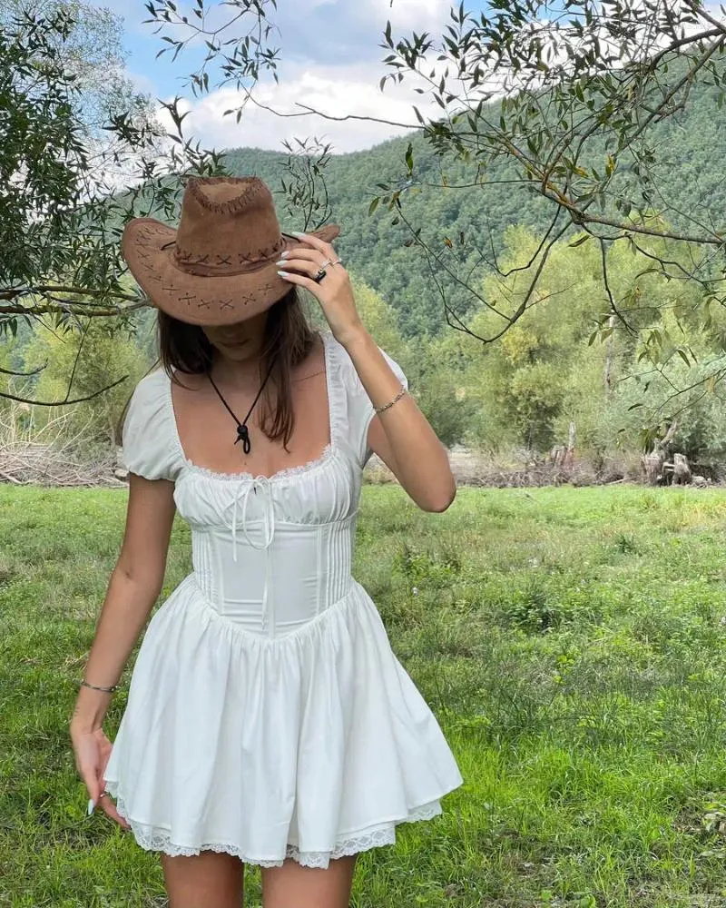 white christmas dresses Floral A-Line Cream Midi Cottagecore Corset Dress– PromGirl main image 0