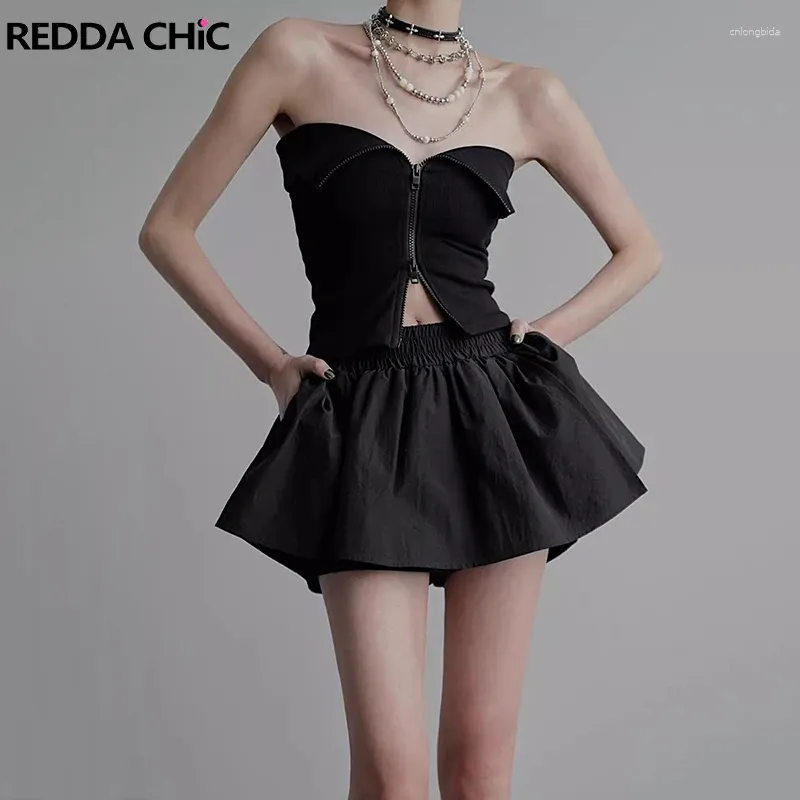 Spódnice Reddachic Rock Ruffle Puffy Mini spódnica kobiety Elastyczna talia Solidne czarne wbudowane szorty Skorts Balletcore Casualne ubrania letnie