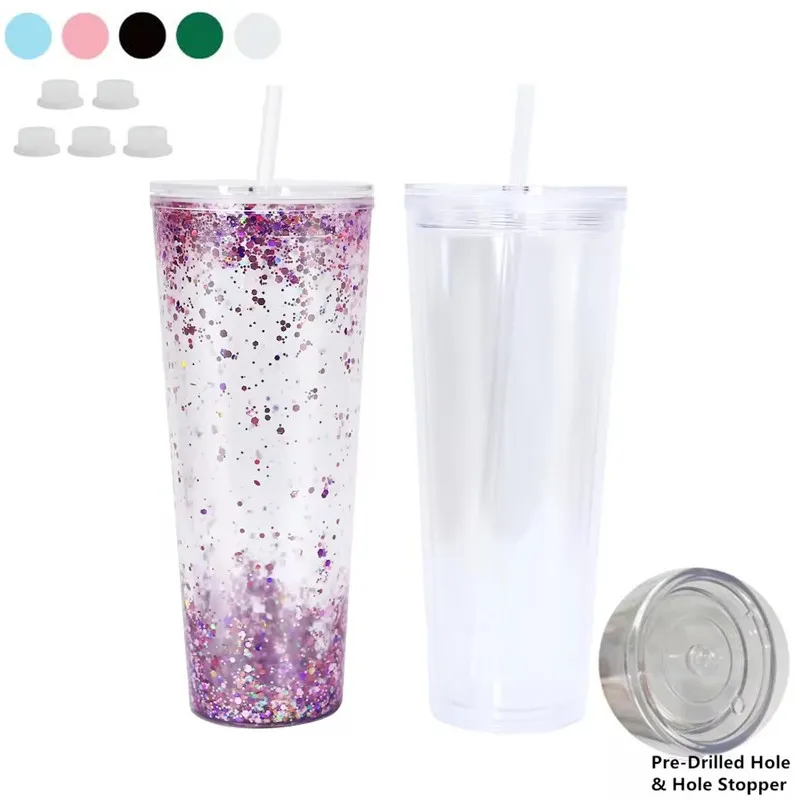 24oz Snow Globe Akryl Tumbler Plastkoppar Dubbelväggisolerad transparent Sippy Cup Drinking Mugg med platta lock Strå och förborrerad hålsilikonpropp