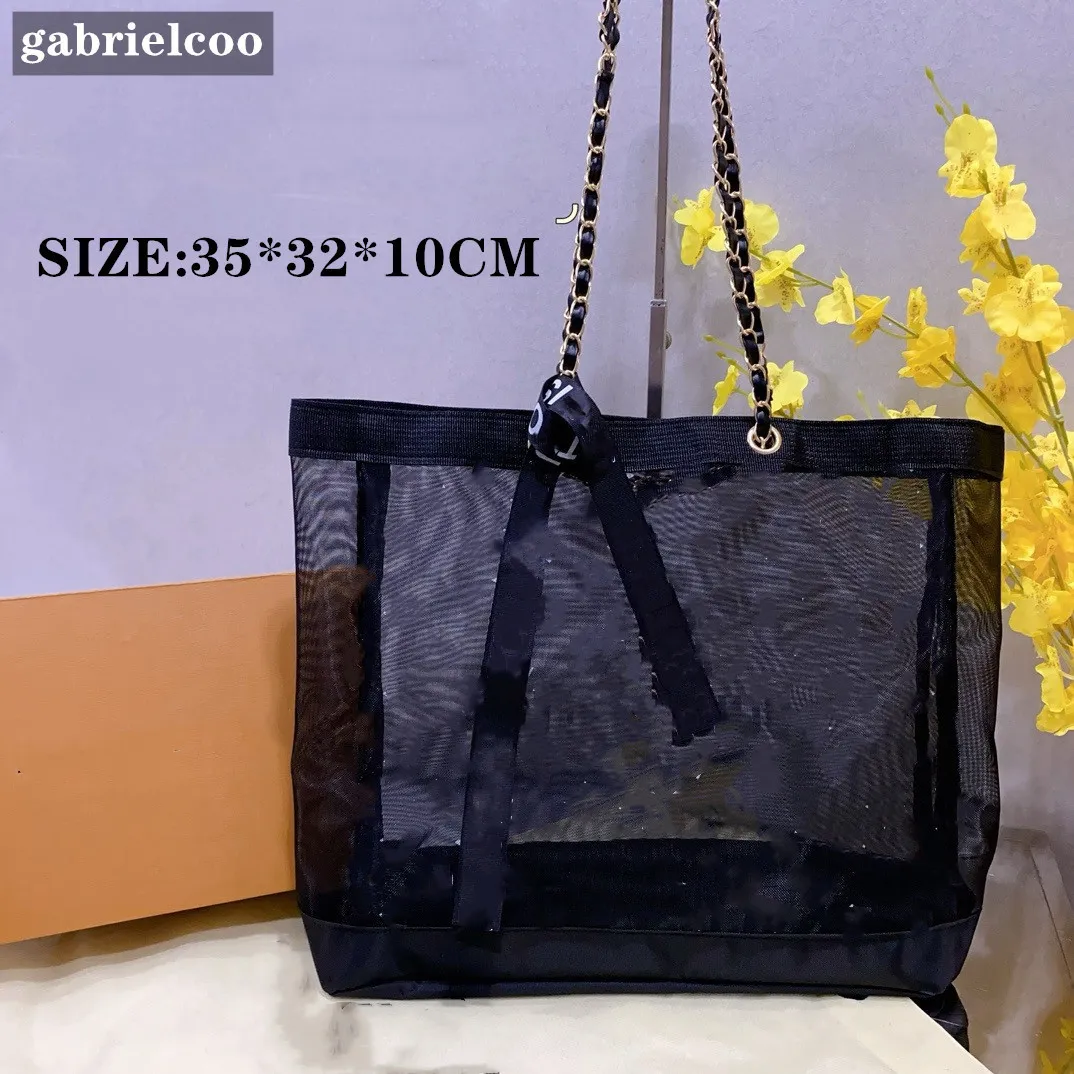 Designer bolsa de ombro preto malha saco de moda saco de compras clássico logotipo impresso transparente saco de lavagem decoração de praia saco ambiental portátil