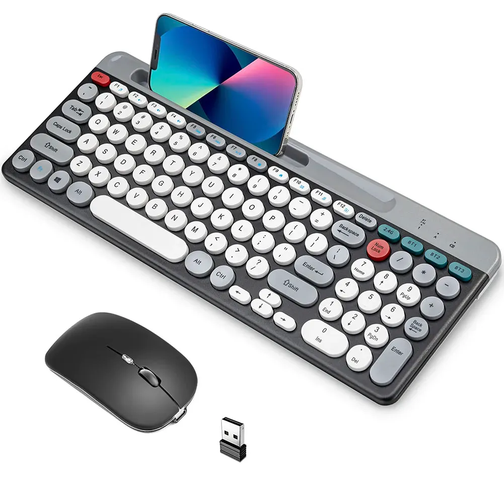 Combos 2.4 GHz BT 2 -läge trådlöst tangentbordmus med telefonhållare BT -tangentbord och mus ergonomisk laddningsbar för Mac/iOS/Android/Win7