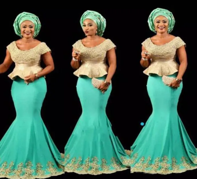 Magnifiques robes de soirée africaines arabes Styles de dentelle nigériane Scoop Necy Mermaid Turquoise Prom Robes avec applications en dentelle9106622