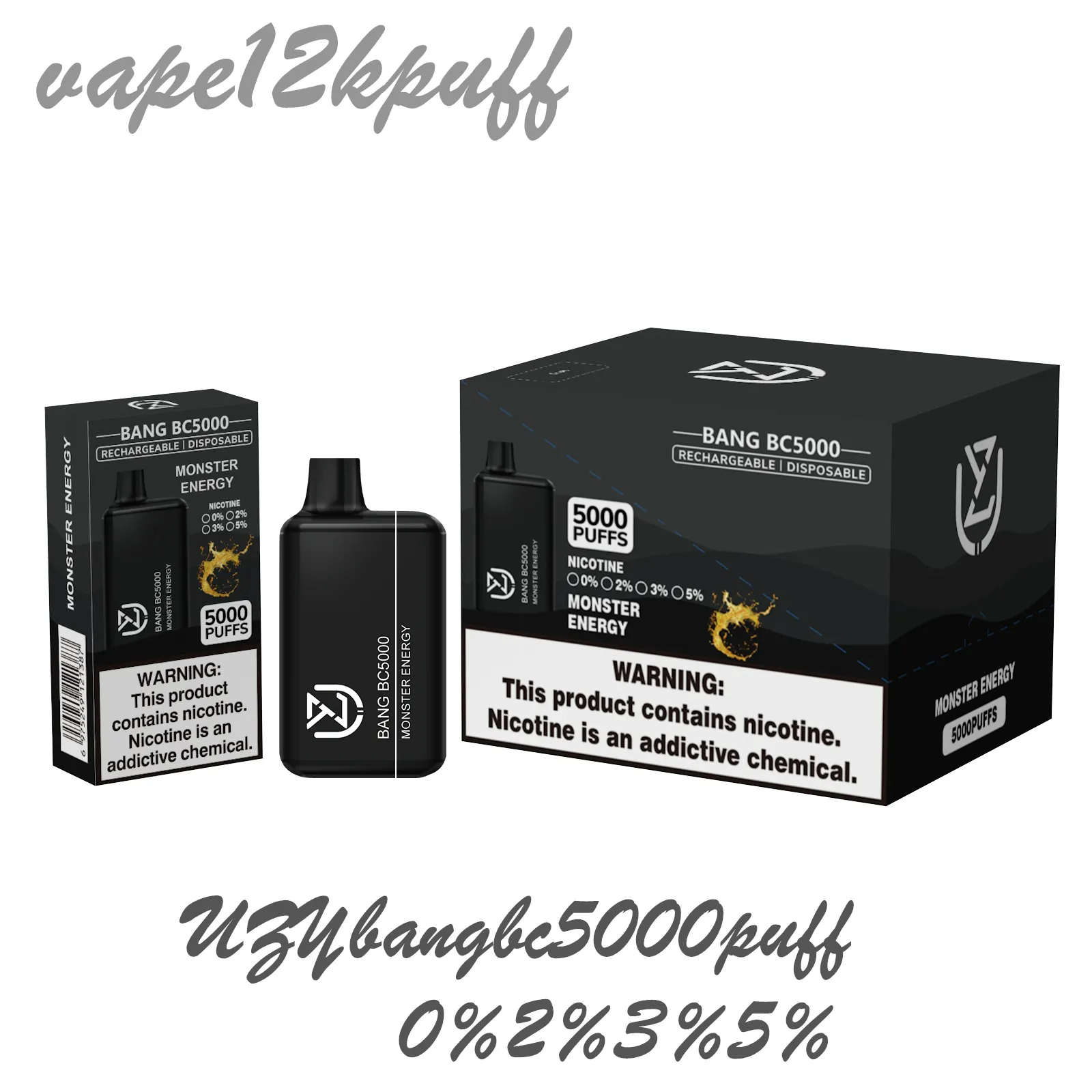 Autentisk Uzy Bang BC 5000Puff Disponible Vape Box Kit Puff5000 Electronic Cigarette Pen Mesh Coil Box 650mahe Cigarett 0% 2% 3% 5% VAPER 12 Smaker