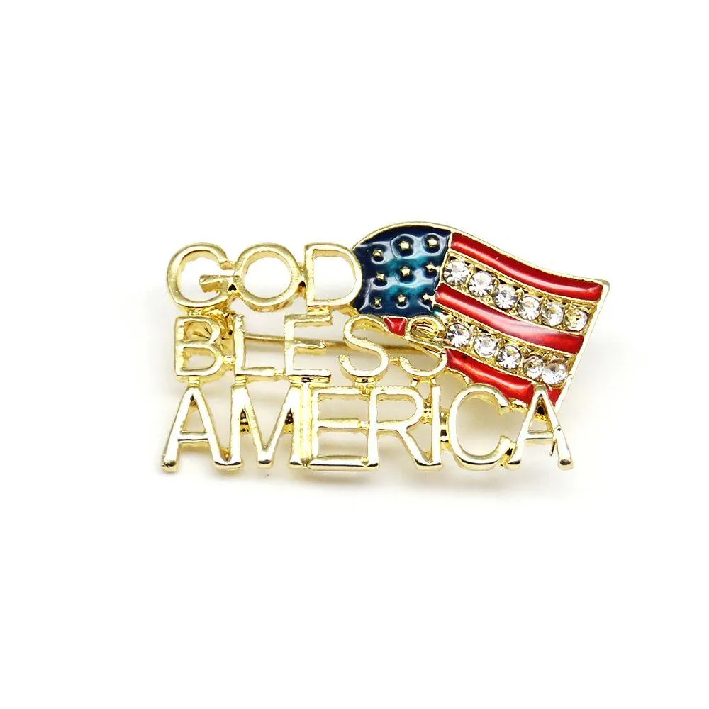 Épingles, broches 10 pcs / lot design de la mode drapeau américain God Bless America Brooch Crystal Rinestone 4e de Jy USA PINS PATRIOTIQUES F DHGLI