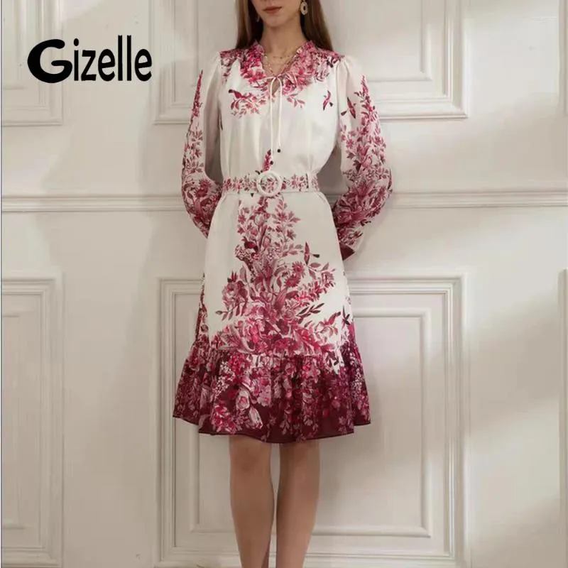 Casual Dresses Gizelle 2024 Spring Summer Fall Vintage Floral Print Lantern Sleeve Bandage Women Damis Holiday Party Belt Short Dress Z