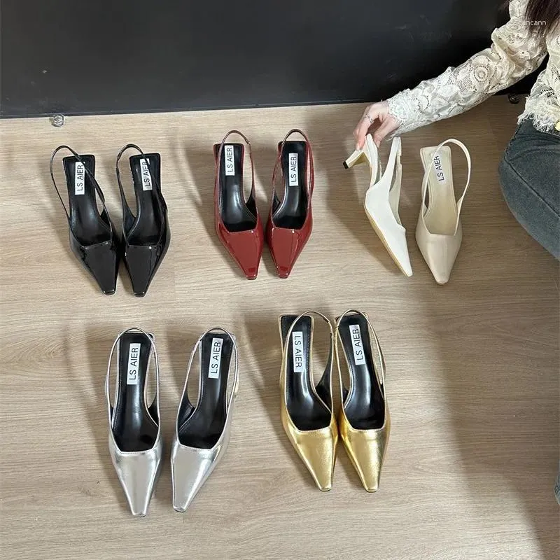 Casual Shoes Pointed Heel Sandals Med Spring Suit Female Beige 2024 Summer Square Toe Medium Black Girls High Closed Low Block Leather