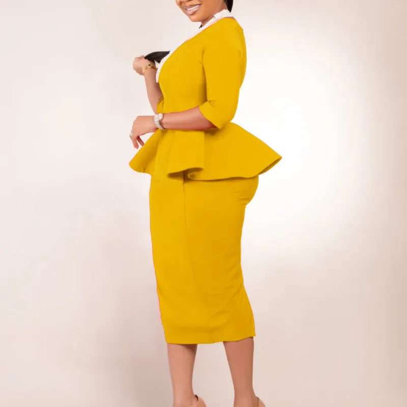 Casual Dresses 2024 Spring Summer 3/4 Sleeve Elegant Yellow Midi Dress Women Party Work Business Evening Office Lady Pencil