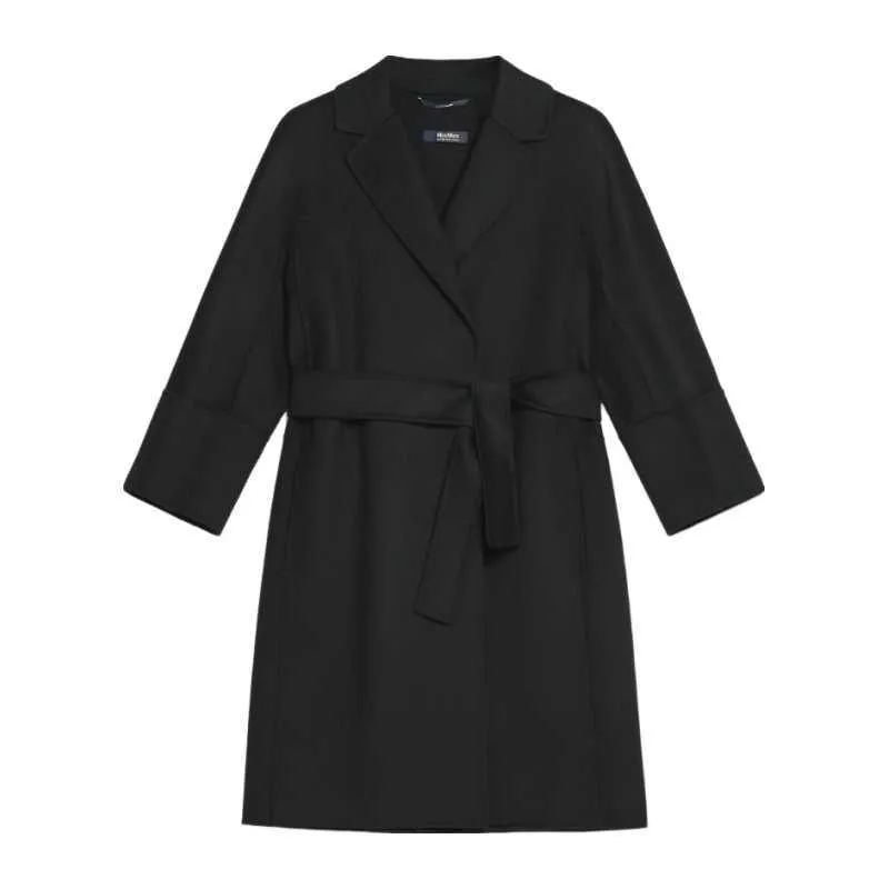 Women's Coat Cashmere Coat Luxury Coat MAX Maras 2024 New Womens Black Classic Comfortable Pure Wool Lace Up Mid Length Coat