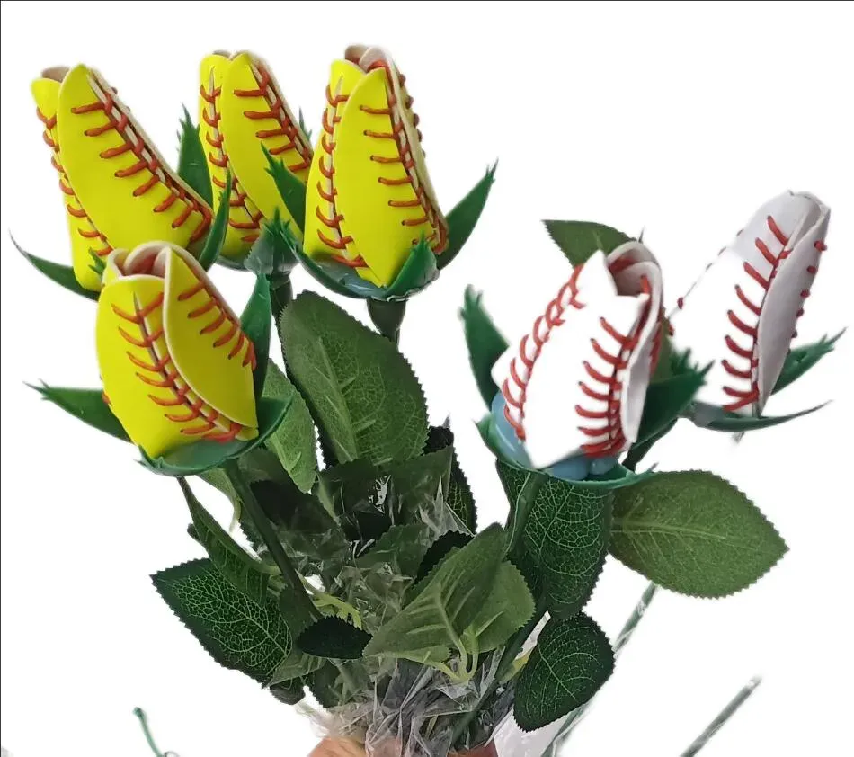 collectable athletic baseball softball leather roses yellow red stitching seam softball graduation gift rose flower Connectors