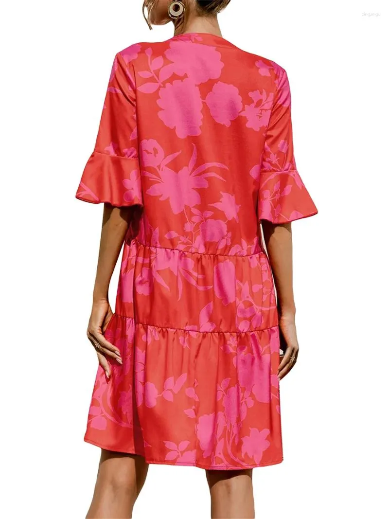 Casual Dresses Women s Summer Short A-Line Dress Solid Color Floral Print Sleeve V Neck går ut