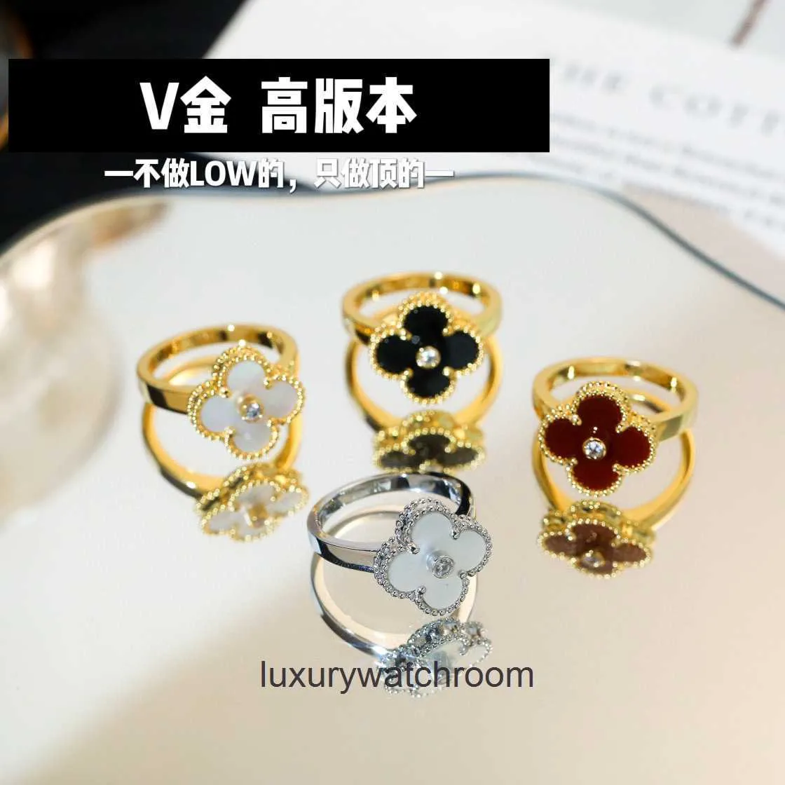 High End jewelry rings for vancleff womens V Gold Thick Plated 18K Clover Single Flower with Diamond White Fritillaria Black Agate Ring Original 1:1 With Real Logo