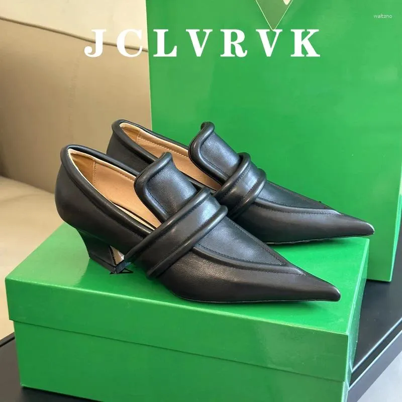 Dress Shoes JClvrVK Runway dikke hiel puntige teenpompen vrouwen echt leer diepe mond single dames lente elegant feest banket