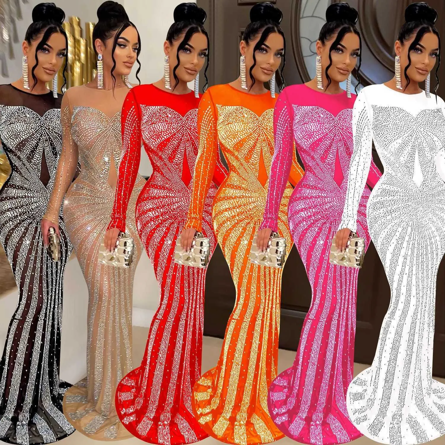 Women s Casual Long Sleeve Romantic Elegant Sequins Bodycon Maxi Evening Dress