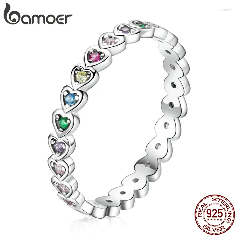 Cluster Rings Bamoer Silver Rainbow Love Ring Crystal Heart 925 Sterling Jewelry Enamel Colorful Stars For Women Wedding