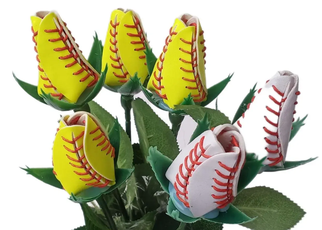 collectable athletic baseball softball leather roses yellow red stitching seam softball graduation gift rose flower Connectors