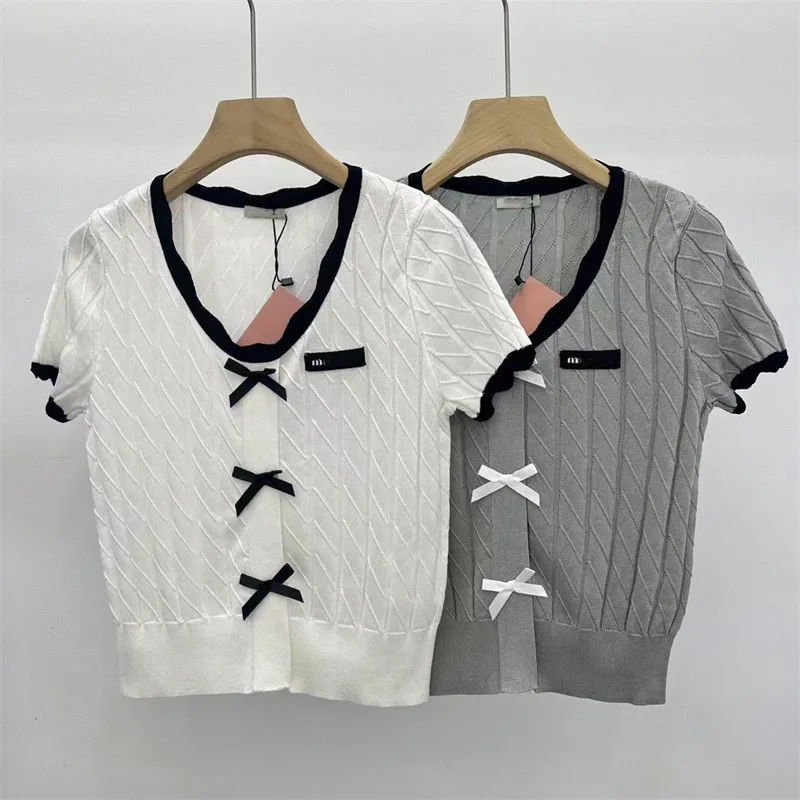 Spring/summer new miu home age reduction bow lace stitching round neck short sleeve knitted T-shirt women