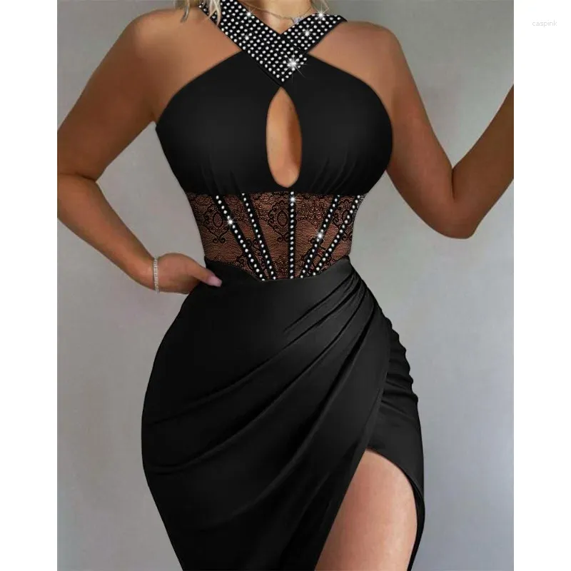 Casual Dresses 2024 Spring Summer Sexy Women's Clothing Dress Black Rhinestone Satin Stitching spetsbälte tätt kjol