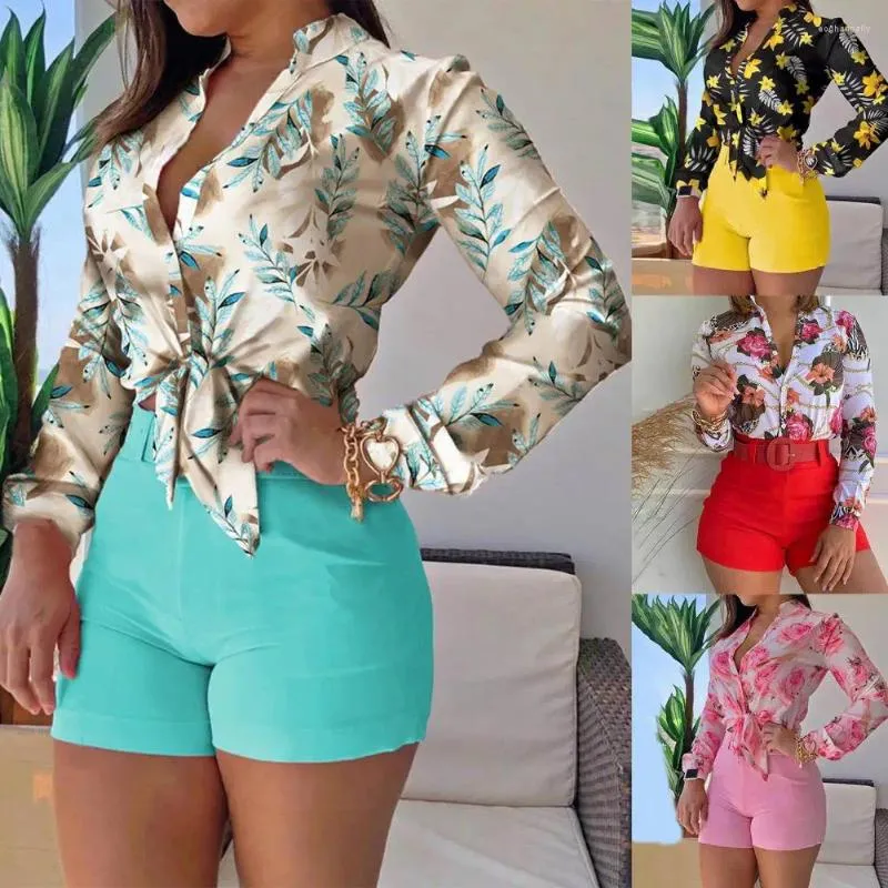 Suits-survêtements féminins 1 Set Blouse Shorts Digital Print Office Ladies Shirt Slim-Fit