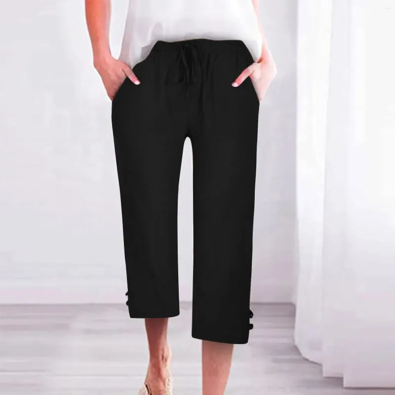 Pantalon féminin 2024 Coton printemps lin taille haute poche noire femelle couchée été décontractée pantalon à la mode dames