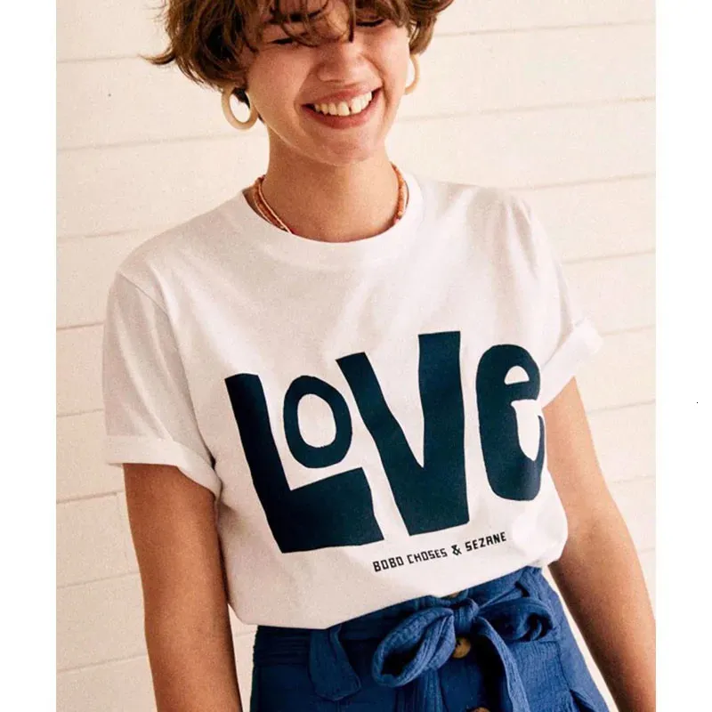 Big Love Letters Stamping Women White Graphic Tees Summer Short Short Sliose Cotton O Neck Tops Ins Fashion 90s Chic T Shirts 240417