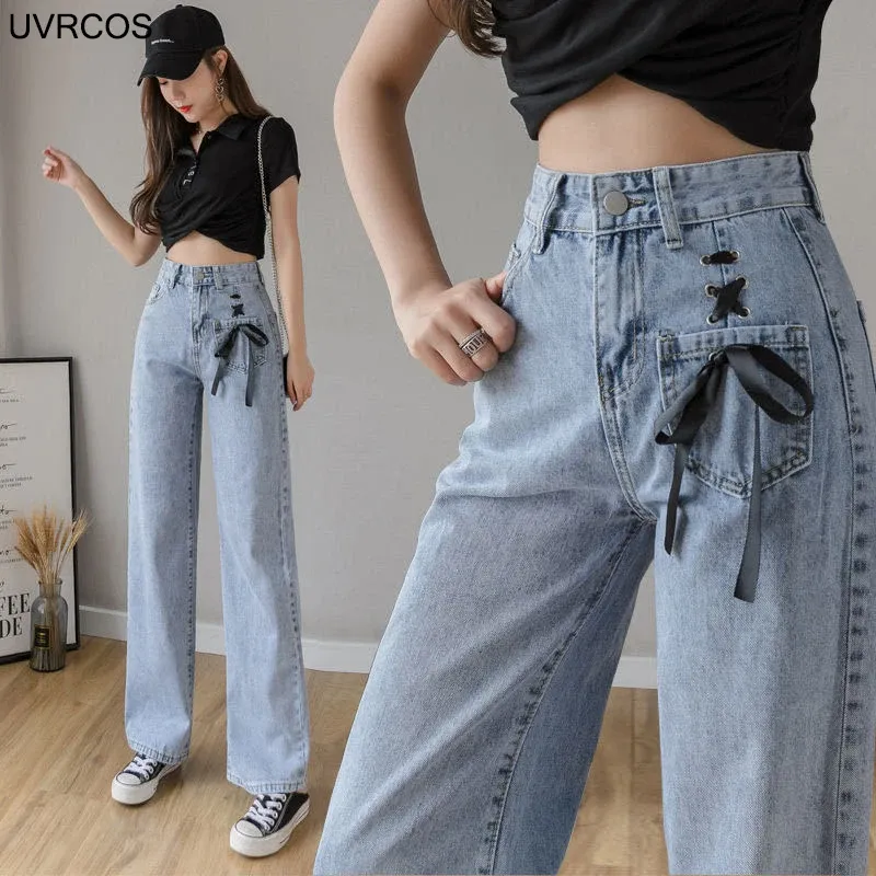 Byxor jeans street casual byxor ljus färg mode rem hög midja jeans koreanska avslappnade höga midja raka kvinnor jeans