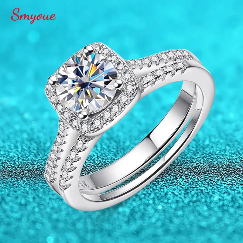 Smyoue 1ct Anneaux Sets pour les femmes S925 Silver Platinum plaqué PT950 Couple de mariée Engagement de mariage Bijoux Fine Bijoux 240401